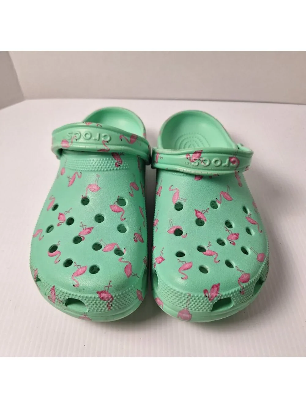 CROCS CLASSIC TEAL PINK FLAMINGOS SLIP ON SANDALS SHOES SLIDES M=9 W=11 CASUAL - Picture 3 of 11